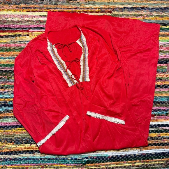 Vintage Other - Vintage 70s Red Maxi Lounge Dress – Lace Trim Boho Peasant Style (Size M USA)